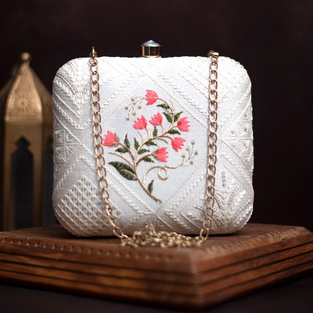 White with pink flowers chikankari