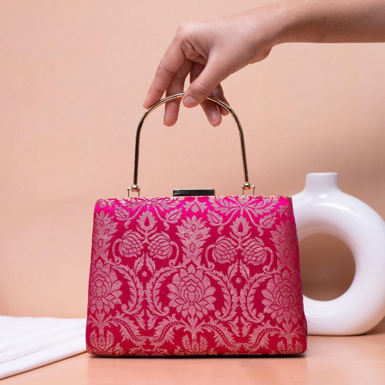 Brocade handle clutch - pink zari
