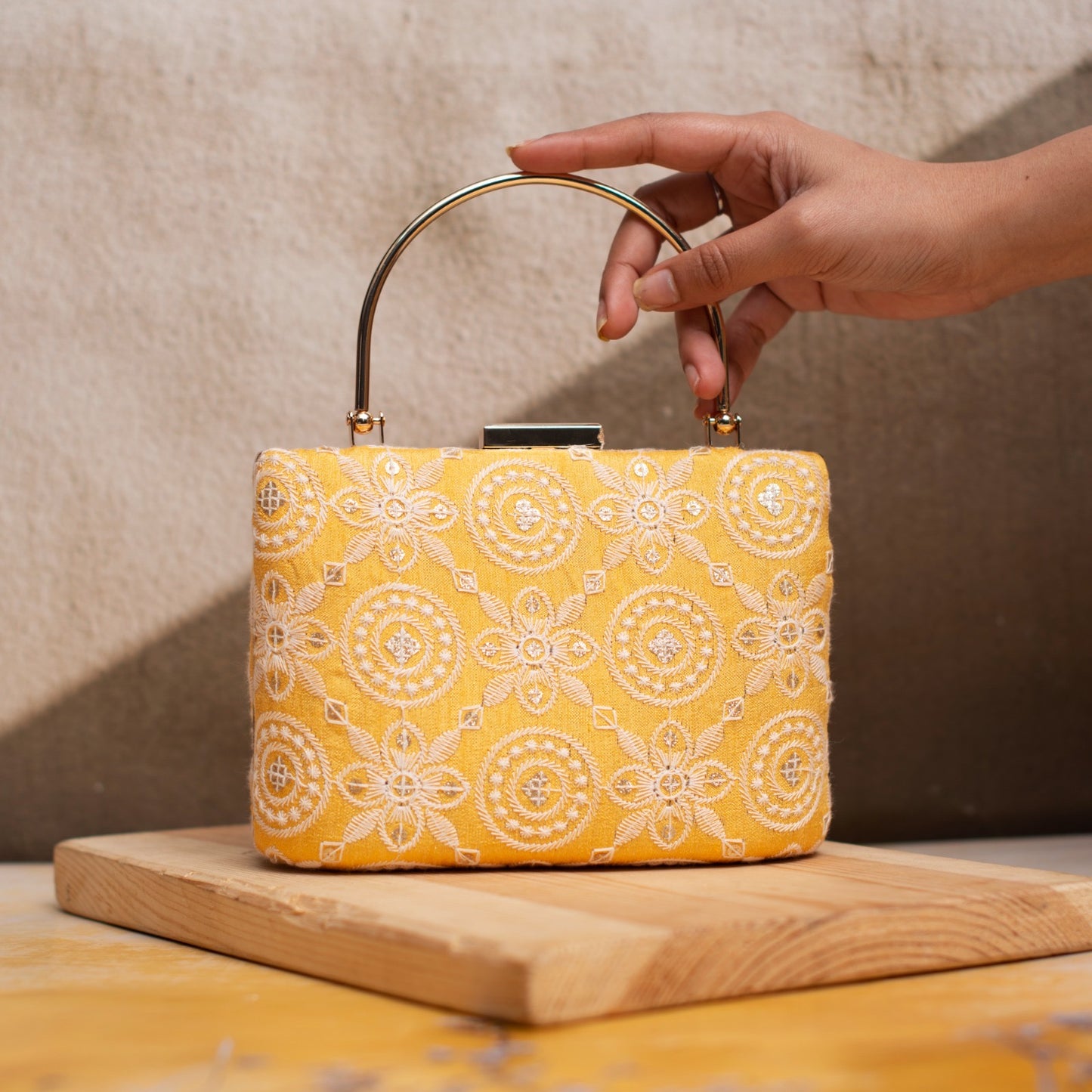 Chikankari handle clutch - yellow